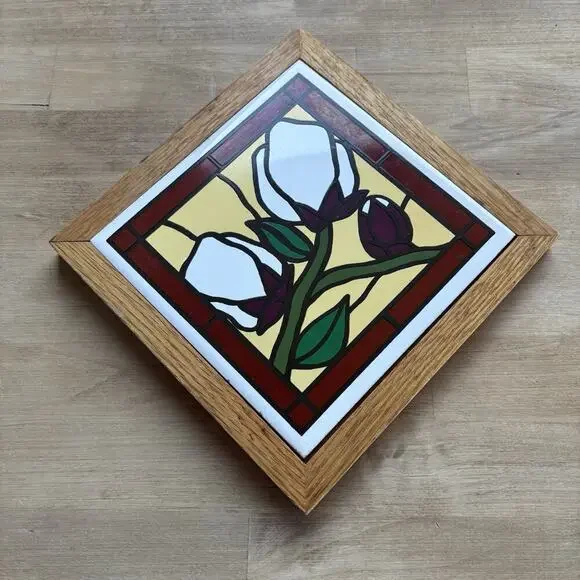 Oakwood Accents MCM Ceramic Tile Wall Art Faux Roses Oak Framed Vintage - Picture 8 of 8